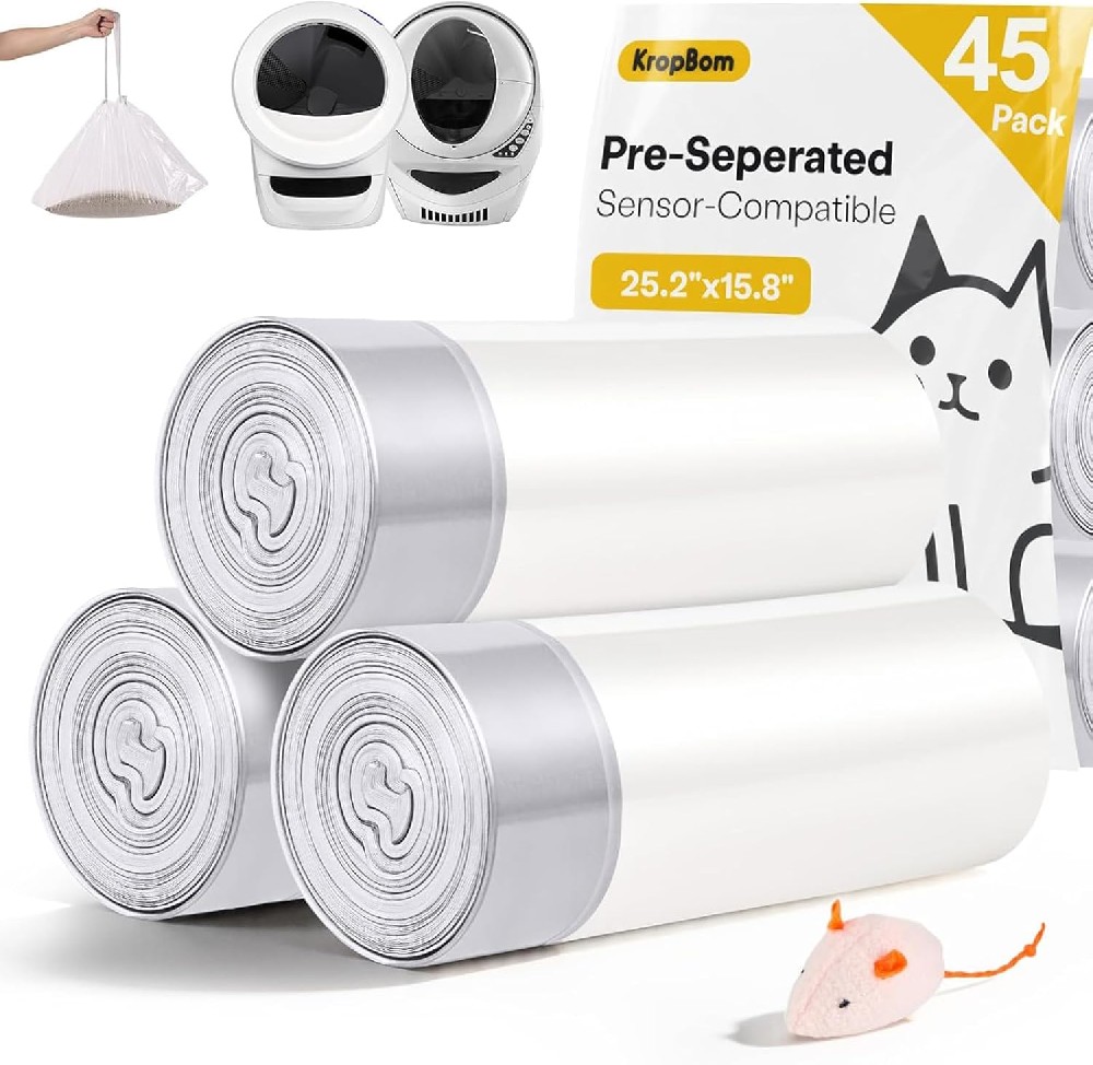 KropBom 45 Pack Cat Litter Box Robot 5/4/3 Waste Bags,Transparent, Self Cleaning Litter Box Liners Bags for Most Automatic Cat Litter Boxes，Pre-Separated, Heavy Duty, 9-11 Gallon Capacity